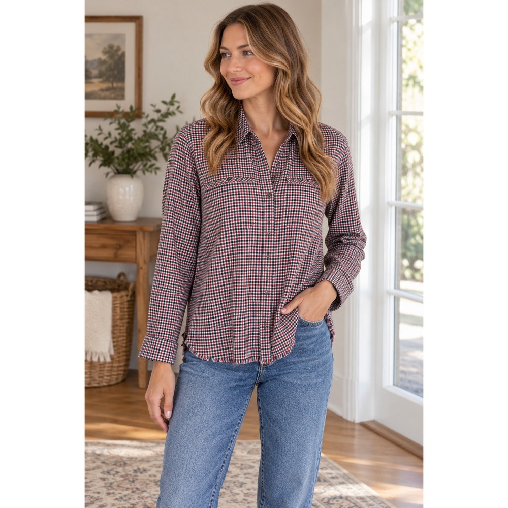 Eddie‎ Bauer Womens Gingham Plaid Long Sleeve Button Up Shirt S Festive Raw Hem